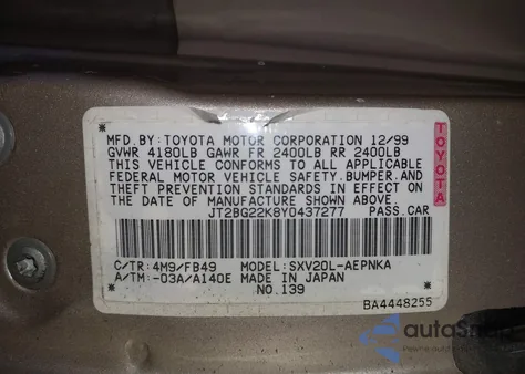 2000 Toyota Camry Le z USA, uszkodzony, nr VIN JT2BG22K8Y0437277